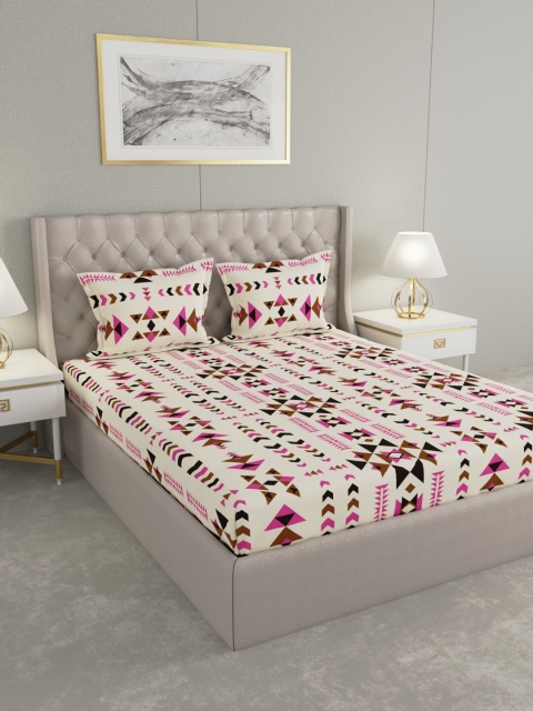 

Raymond Home White & Pink Geometric 104 TC Cotton 1 Queen Bedsheet with 2 Pillow Covers