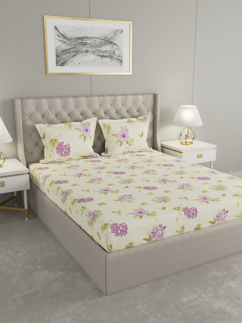 

Raymond Home Cream-Coloured & Purple Floral 104 TC Cotton 1 Queen Bedsheet with 2 Pillow Covers