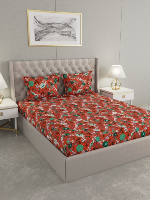

Raymond Home Red & Green Floral 104 TC Cotton 1 Queen Bedsheet with 2 Pillow Covers