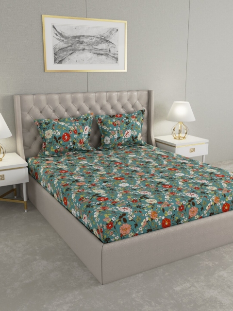 

Raymond Home Green & Red Floral 104 TC Cotton 1 Queen Bedsheet with 2 Pillow Covers