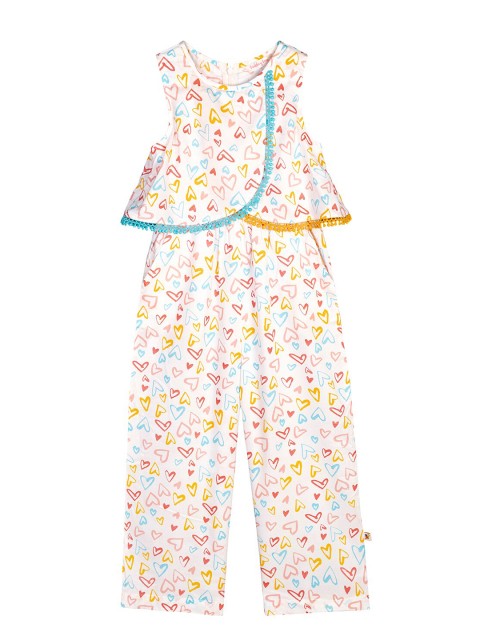 

Budding Bees Girls White & Pink Heart Printed Basic Jumpsuit
