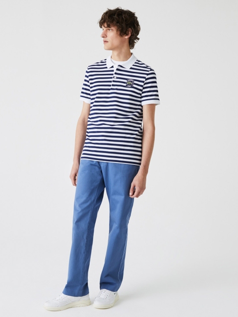 

Lacoste Men Navy Blue & White Pure Cotton Striped Polo Collar T-shirt