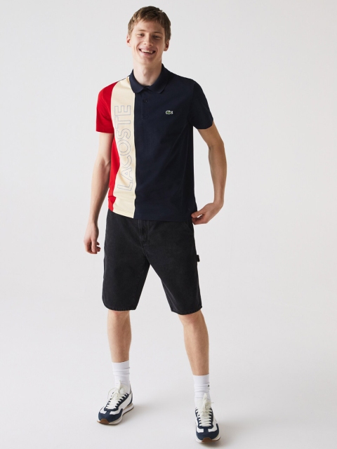 

Lacoste Men Navy Blue & Red Pure Cotton Striped Polo Collar T-shirt