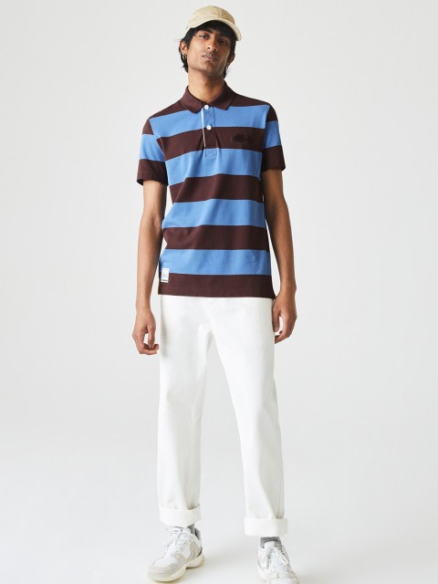 

Lacoste Men Blue & Brown Pure Cotton Striped Polo Collar T-shirt
