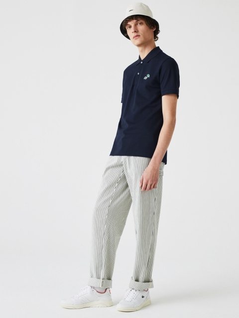 

Lacoste Men Navy Blue Pure Cotton Solid Polo Collar T-shirt