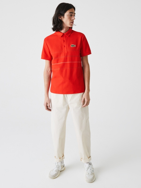 

Lacoste Men Red Pure Cotton Self Design Polo Collar T-shirt