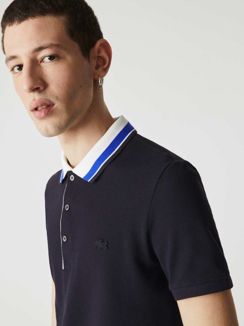 

Lacoste Men Navy Blue Pure Cotton Solid Polo Collar T-shirt