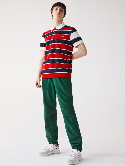 

Lacoste Men Red & Navy Blue Pure Cotton Striped Polo Collar T-shirt