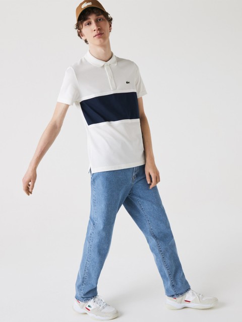 

Lacoste Men White & Navy Blue Pure Cotton Colourblocked Polo Collar T-shirt