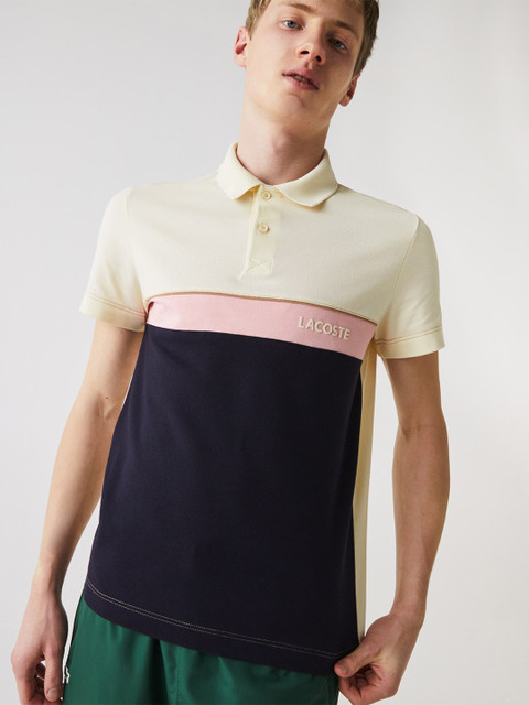 

Lacoste Men Cream Coloured & Navy Blue Pure Cotton Colourblocked T-shirt