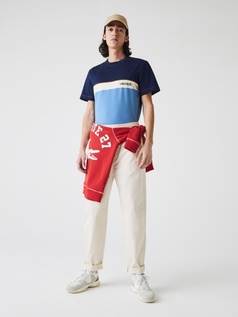 

Lacoste Men Blue & White Pure Cotton Colourblocked T-shirt