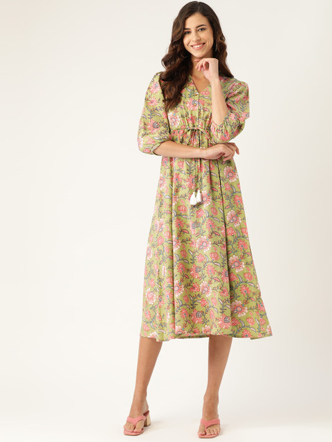 

Shae by SASSAFRAS Green & Pink Floral A-Line Midi Dress