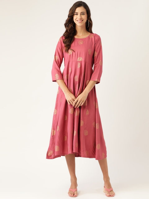 

Shae by SASSAFRAS Pink & Golden Foil Print Liva Ethnic A-Line Midi Dress