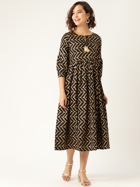 

Shae by SASSAFRAS Black & Golden Tie-Up Neck Chevron Foil Print A-Line Midi Dress