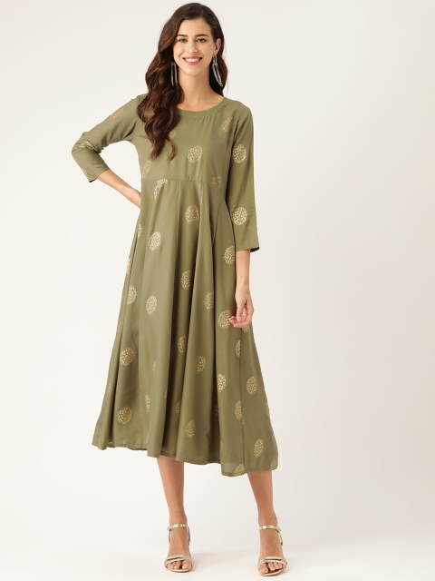 

Shae by SASSAFRAS Olive & Golden Ethnic Motifs A-Line Midi Dress