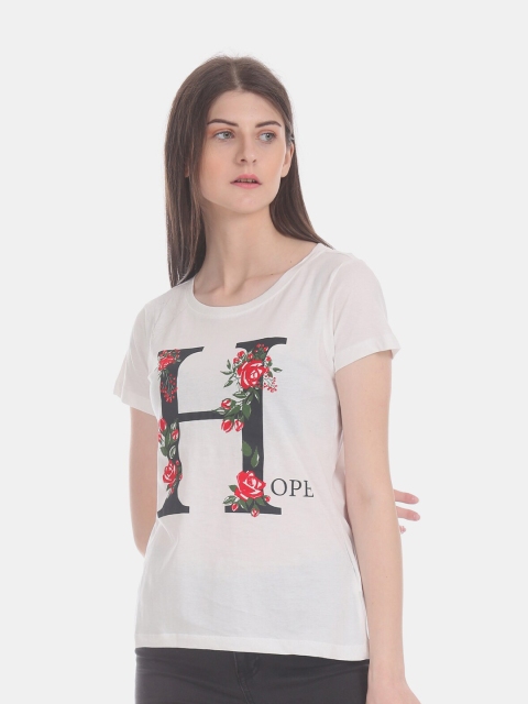

Sugr Women Off-White Printed Round Neck T-shirt