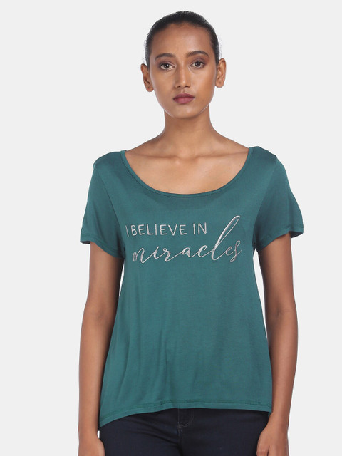 

Sugr Women Teal Printed Scoop Neck T-shirt