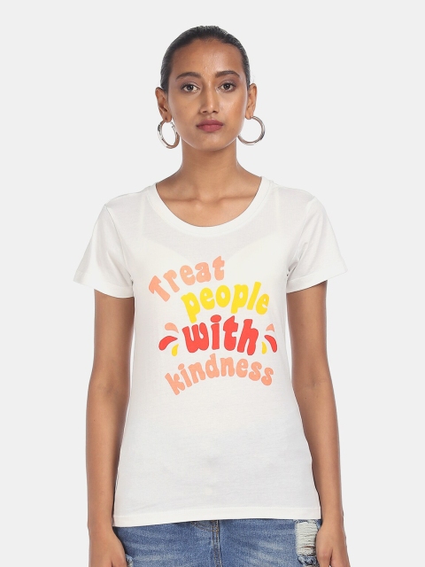 

Sugr Women White Printed Round Neck T-shirt