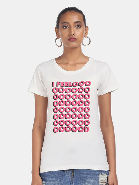 

Sugr Women White Printed Round Neck T-shirt