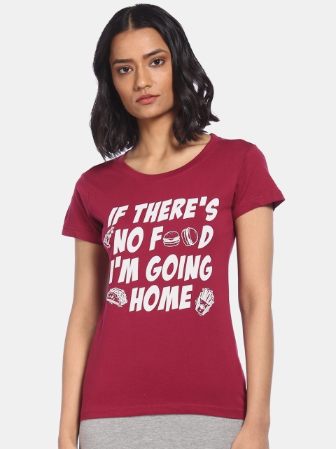 

Sugr Women Burgundy Printed Round Neck T-shirt