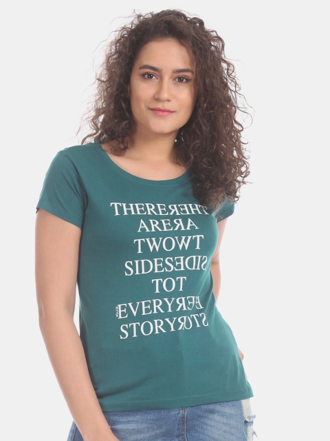 

Sugr Women Green Printed Round Neck T-shirt