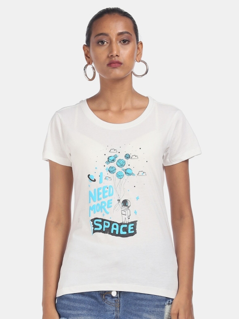 

Sugr Women White Printed Round Neck T-shirt