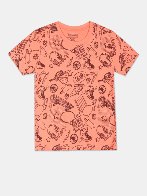 

Cherokee Boys Peach-Coloured Printed Round Neck T-shirt