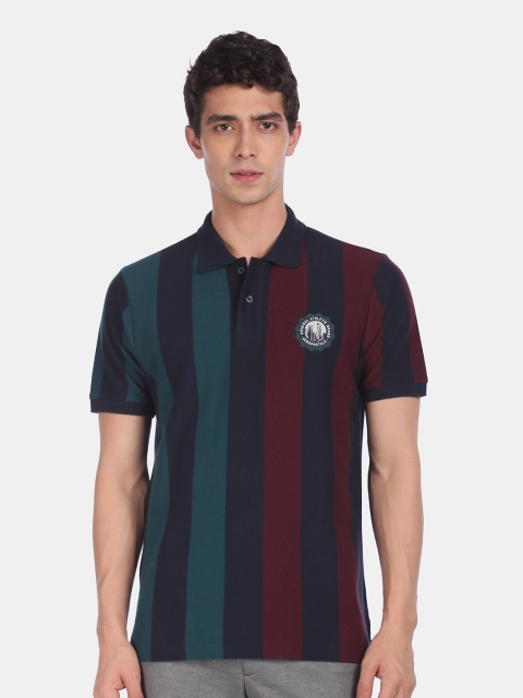 

Aeropostale Men Maroon & Navy Blue Striped Polo Collar T-shirt