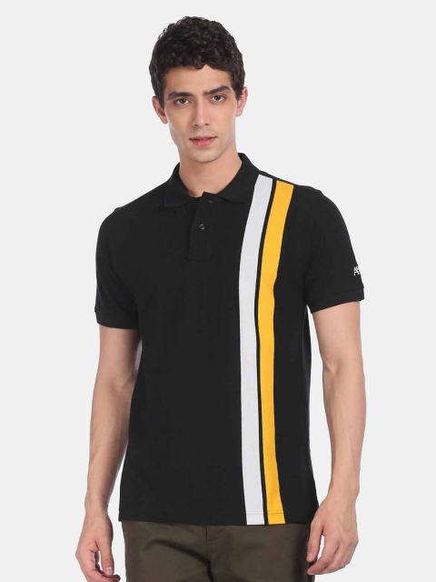 

Aeropostale Men Black Striped Polo Collar T-shirt