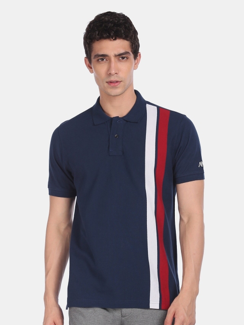

Aeropostale Men Navy Blue Striped Polo Collar T-shirt
