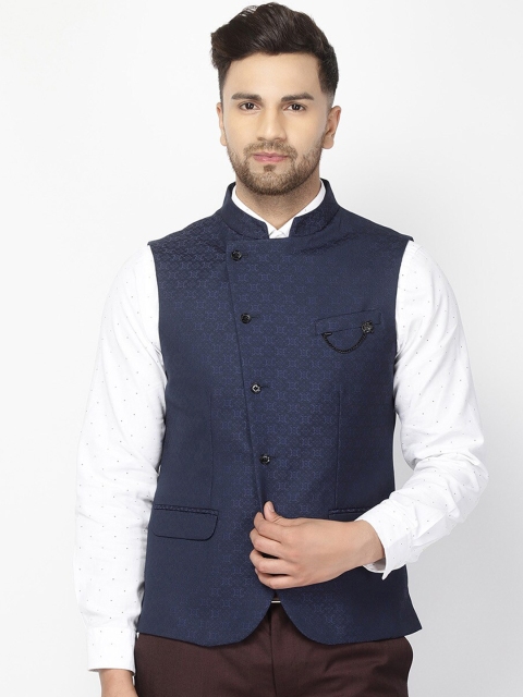 

Blackberrys Men Navy Blue Woven Design Waistcoat