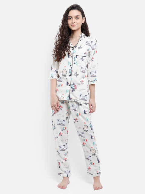 

Bellofox Women White & Blue Printed Night Suit
