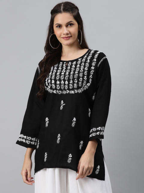 

ADA Black & White Ethnic Motifs Hand Embroidered Chikankari Pure Cotton Kurti