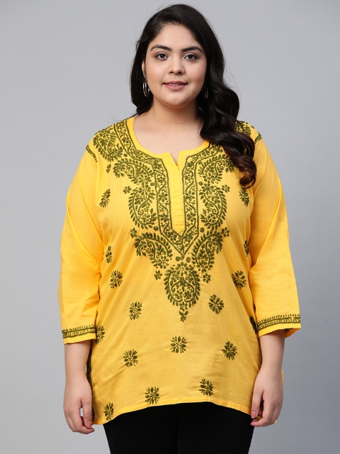 

ADA Women Plus Size Yellow Chikankari Embroidered Pure Cotton Kurti