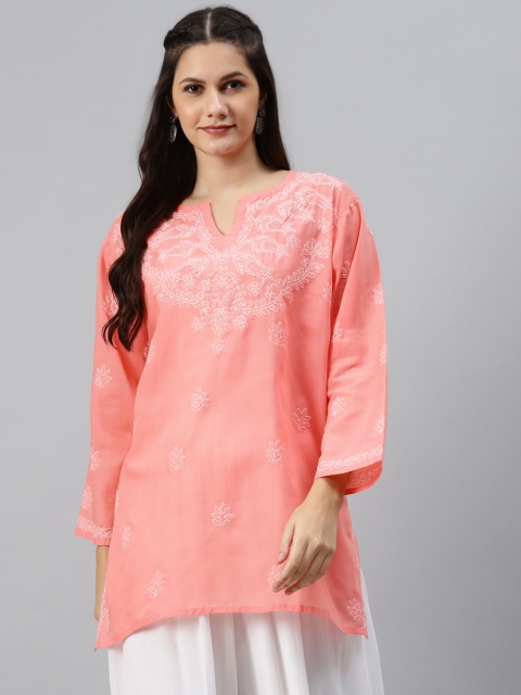 

ADA Peach & White Ethnic Motifs Hand Embroidered Chikankari Pure Cotton Kurti