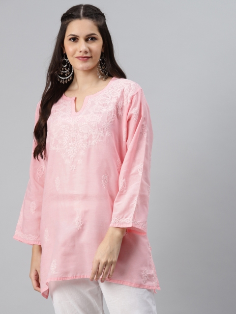 

ADA Pink & White Ethnic Motifs Hand Embroidered Chikankari Pure Cotton Kurti