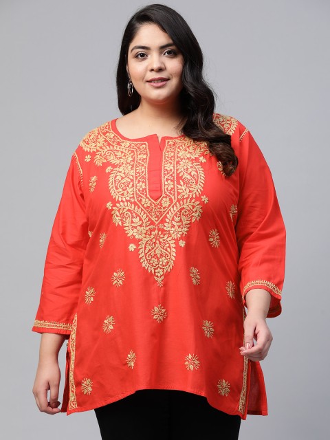 

ADA Women Plus Size Carrot Pink Chikankari Embroidered Pure Cotton Kurti