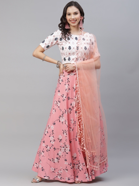

SHUBHKALA Pink & Off White Embroidered Thread Work Semi-Stitched Lehenga & Unstitched Blouse With Dupatta