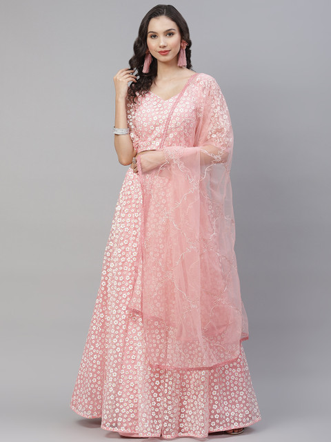 

SHUBHKALA Peach-Coloured & White Printed Foil Print Semi-Stitched Lehenga & Unstitched Blouse With Dupatta