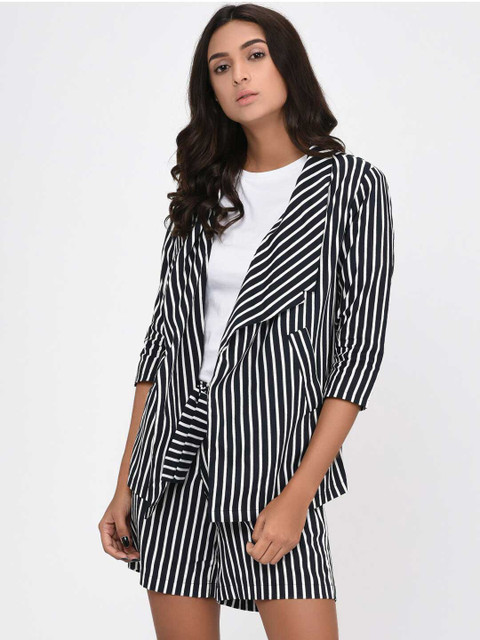 

Rigo Women Navy Blue Striped Open Front Jacket