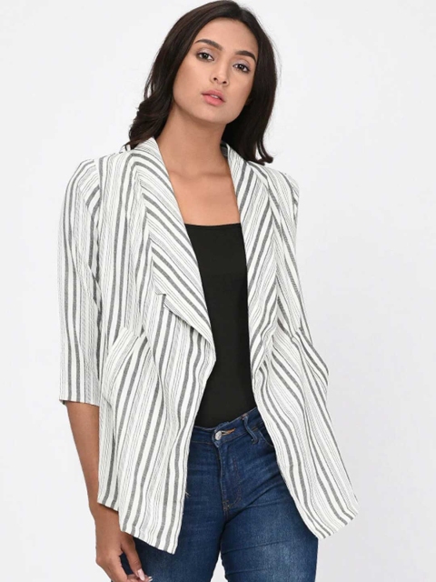 

Rigo Women Off-White & Grey Striped Open Front Shrug