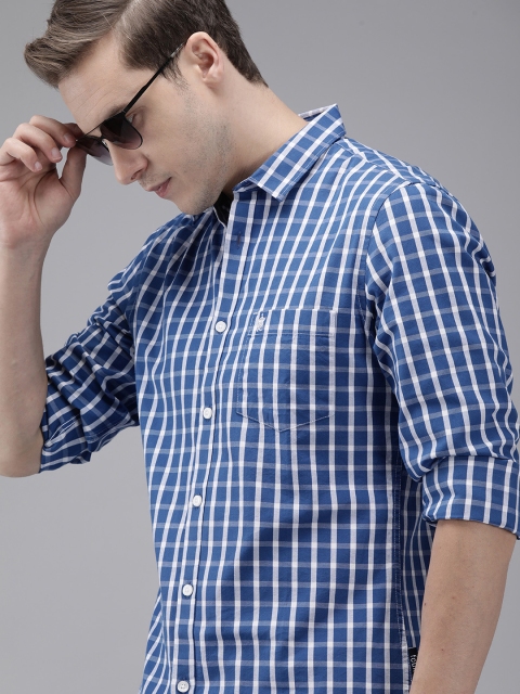 

French Connection Men Blue & White Slim Fit Grid Tattersall Opaque Checked Casual Shirt