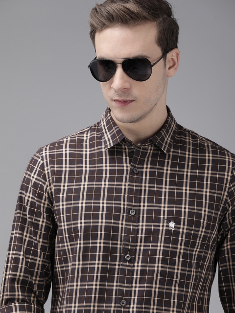 

French Connection Men Brown & Blue Slim Fit Opaque Checked Casual Shirt