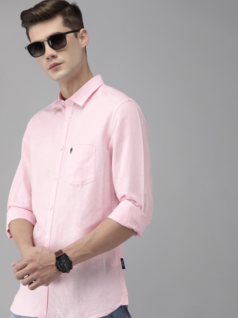 

French Connection Men Pink Solid Cotton Linen Slim Fit Casual Shirt