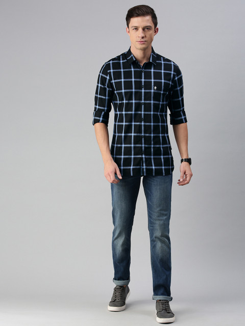 

French Connection Men Black Slim Fit Checked Pure Cotton Casual Shirt