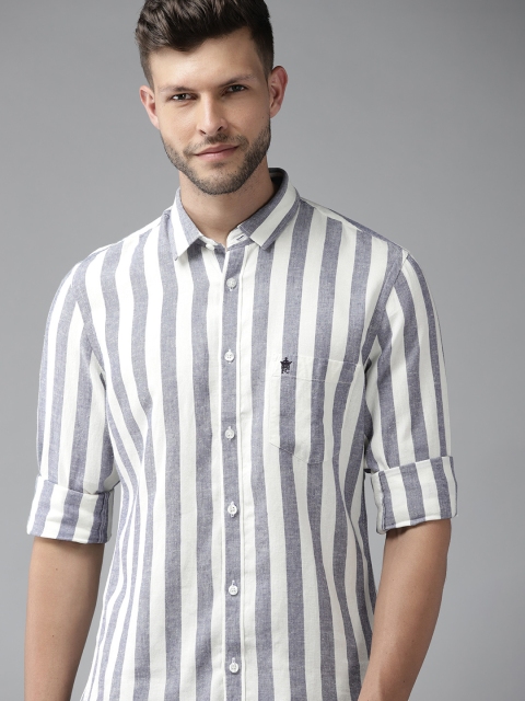 

French Connection Men White & Navy Blue Striped Pure Cotton Shirt
