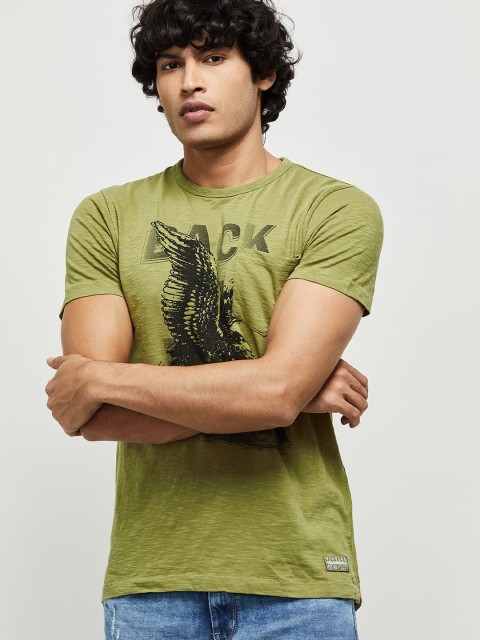 

max Men Green Printed Round Neck T-shirt
