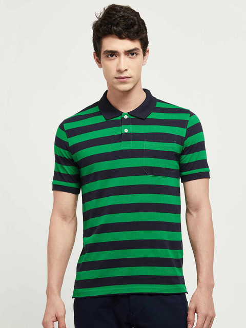 

max Men Green & Navy Blue Striped Polo Collar T-shirt