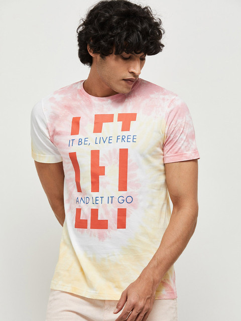 

max Men Pink & Yellow Printed Round Neck T-shirt