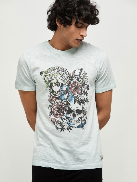 

max Men Off-White Printed Round Neck T-shirt with Tinge of Blue